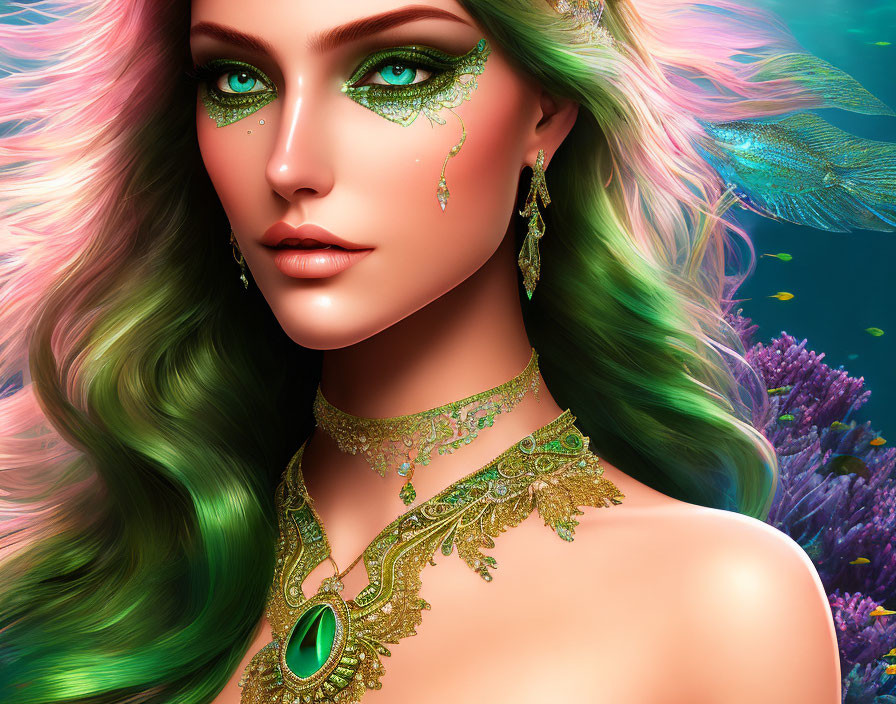 Colorful digital artwork: Woman with green jeweled makeup, multicolored hair, adorned with gold