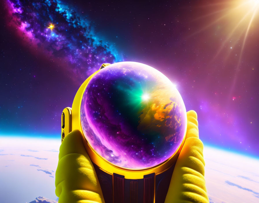Yellow-gloved hands hold multicolored planet orb in cosmic scene