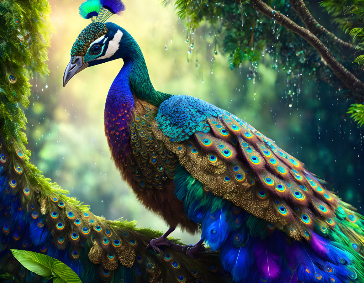 Colorful peacock illustration in lush green forest with iridescent tail feathers.