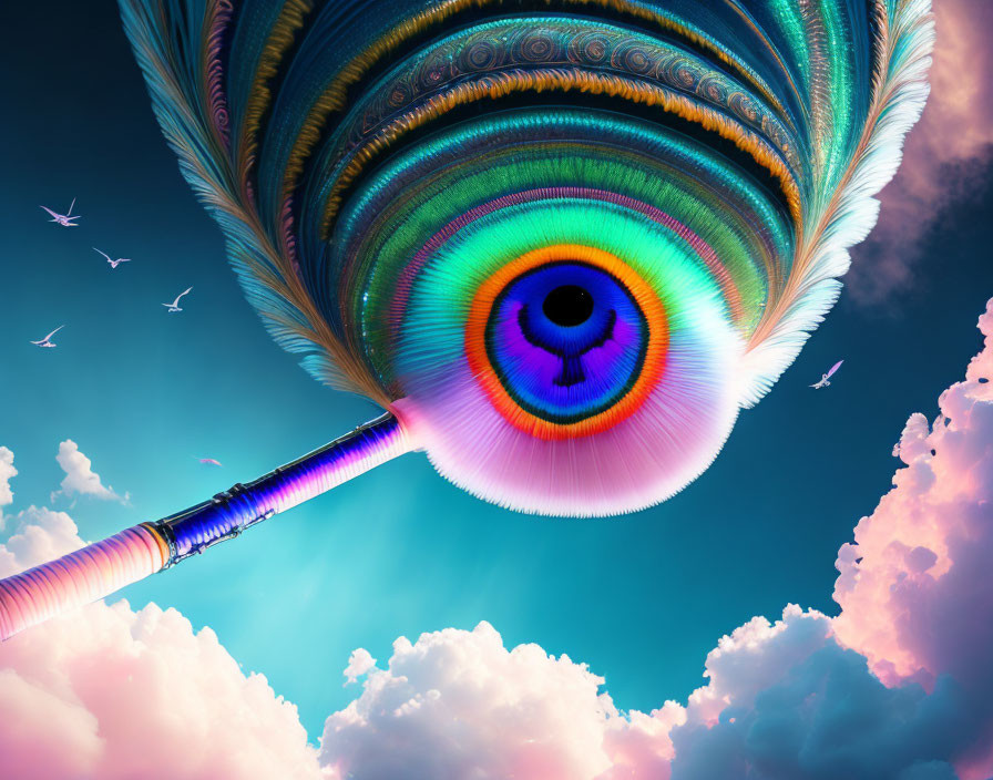 Colorful peacock feather on blue sky with clouds and bird silhouettes
