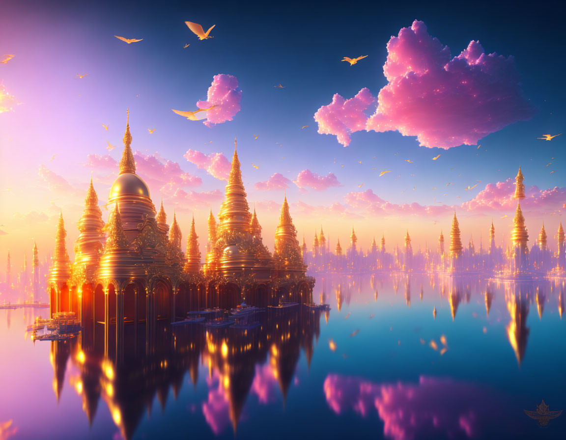 Fantasy landscape with golden pagodas and spires reflected in tranquil water