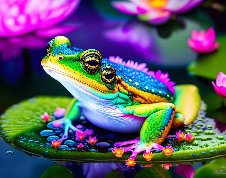 Colorful Frog on Lily Pad with Pink Flowers and Blue Water