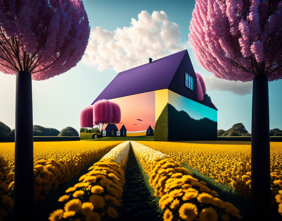 Colorful Geometric House in Surreal Sunflower Landscape