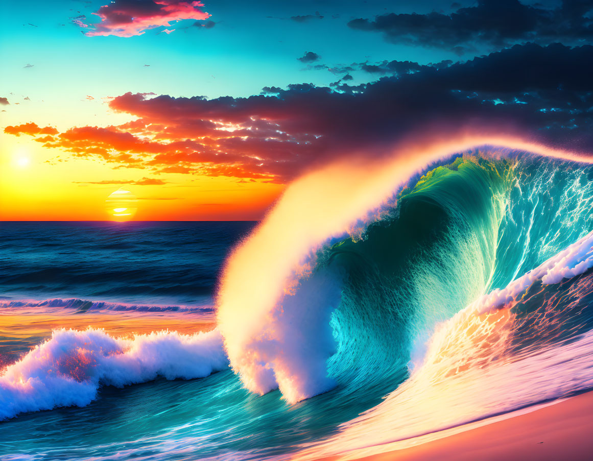 Colorful Sunset with Large Curling Wave in Ocean