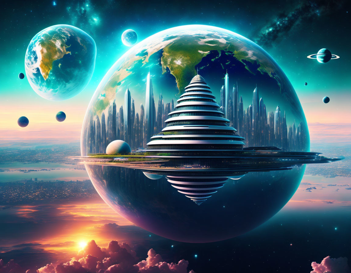 Futuristic city on spherical structure in space with planets and star