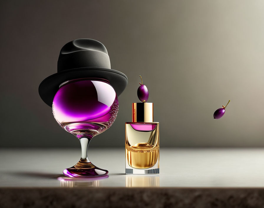 Single plum floating in perfume served in a man's 