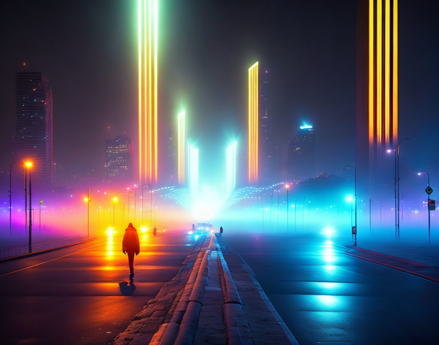 Nighttime cityscape with colorful neon light beams on road