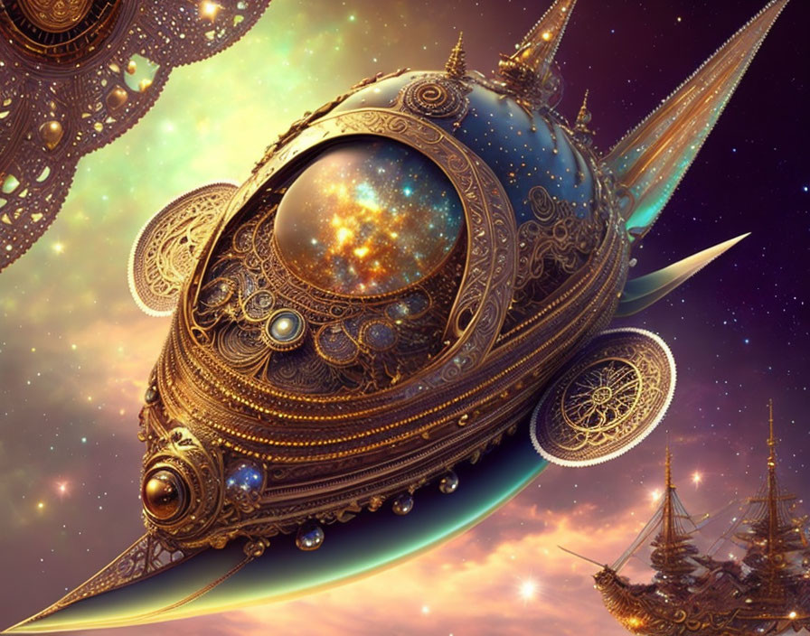 Steampunk airship with cosmic patterns in sunset sky
