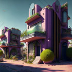 Purple futuristic houses in whimsical street scene with crescent moon