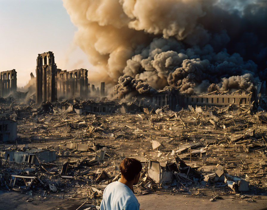 Devastated scene with ruined buildings and thick smoke.