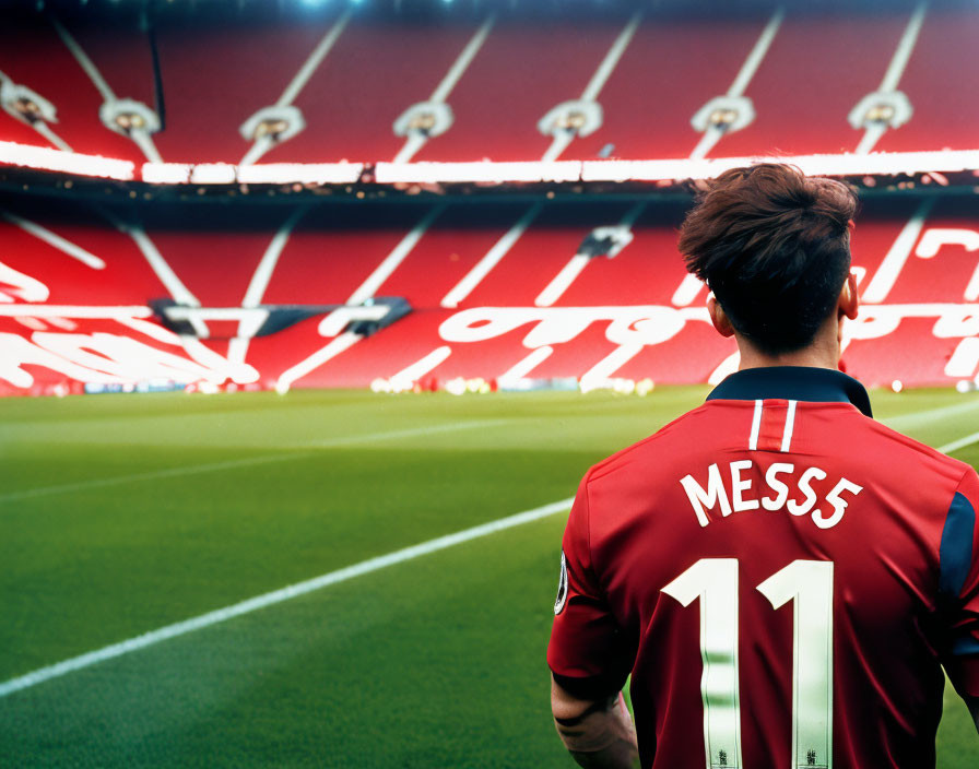 Red "Messi 11" football jersey on person in empty stadium with red seats