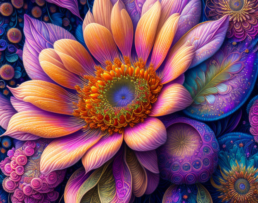 Detailed digital artwork: Vibrant stylized flower in orange and pink with intricate petals and colorful patterns.