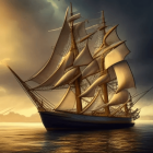 Sailing ship with billowing sails on calm waters at sunset with large planet in sky