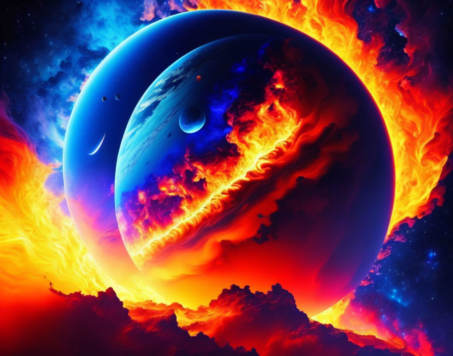 Blue planet and moon in fiery nebula landscape