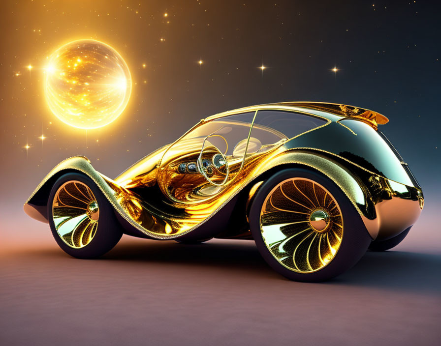 Golden and Black Futuristic Car on Twilight Background with Stars and Glowing Planet