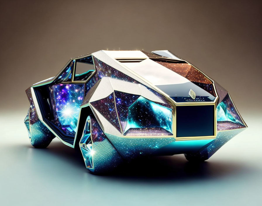 Futuristic geometric car with shiny crystalline exterior on neutral background