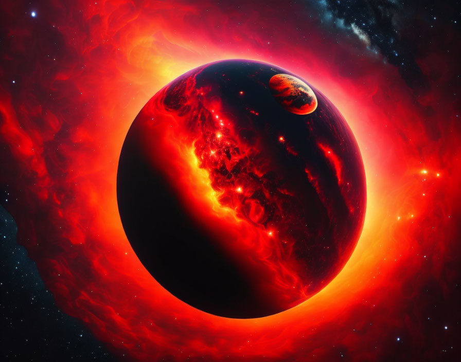 Dark planet, moon, and fiery nebula in cosmic scene