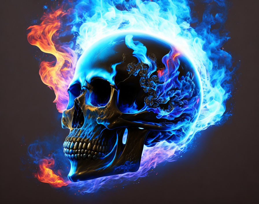 Human skull engulfed in blue and orange flames on dark background