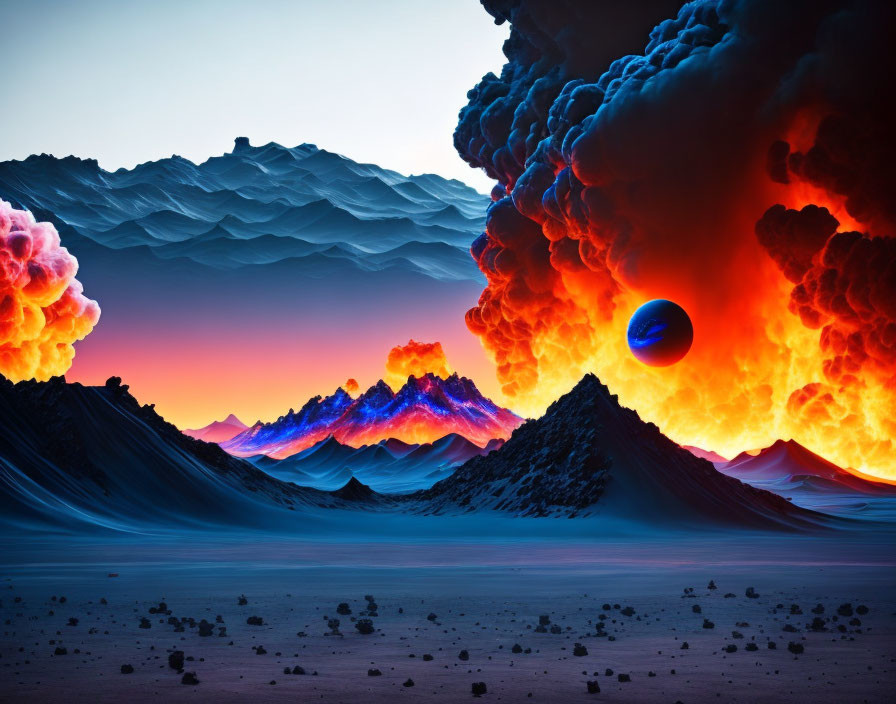 Vibrant surreal landscape with blue mountains and fiery orange clouds