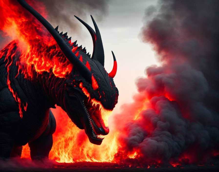 Black Dragon with Glowing Red Eyes and Flames in Fiery Scene