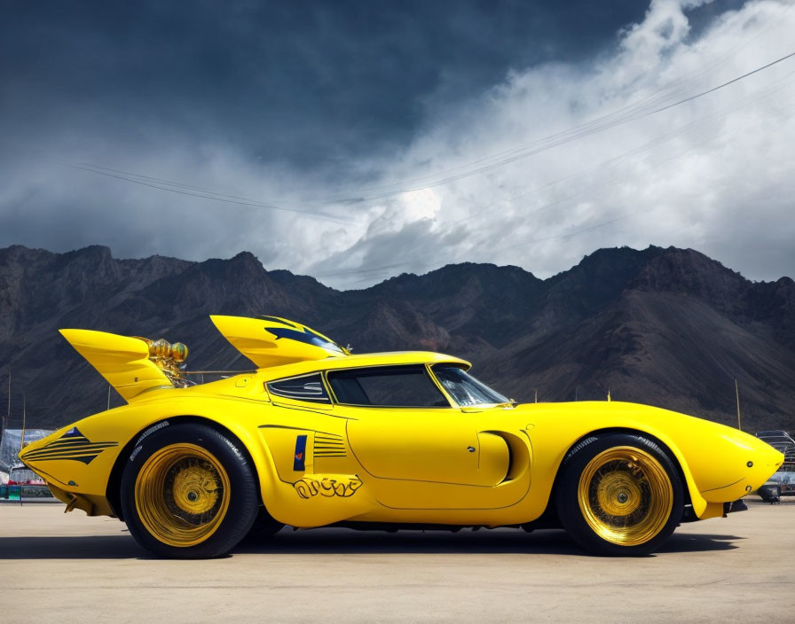 Vintage yellow sports car with rear spoiler and racing stripes parked against mountain backdrop