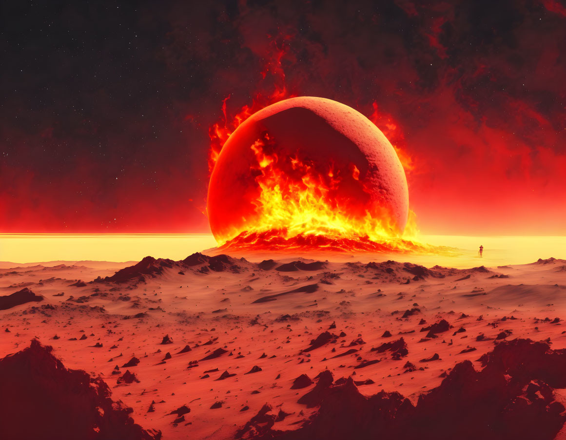 Red Alien Landscape with Giant Sun and Lone Figure