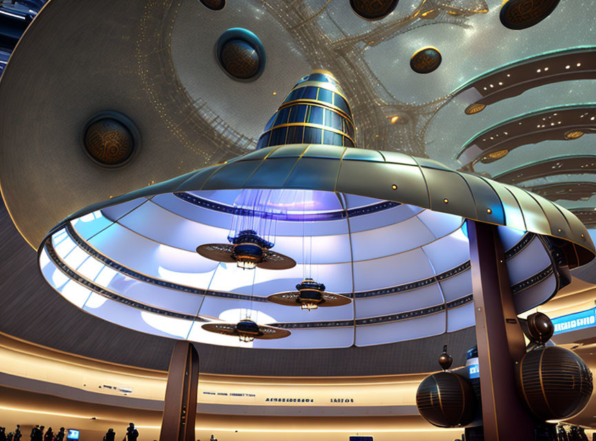Futuristic interior with domed ceiling and metallic spaceship-like structure