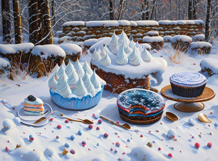 Whimsical winter landscape with cupcakes and layered cake in snowscape