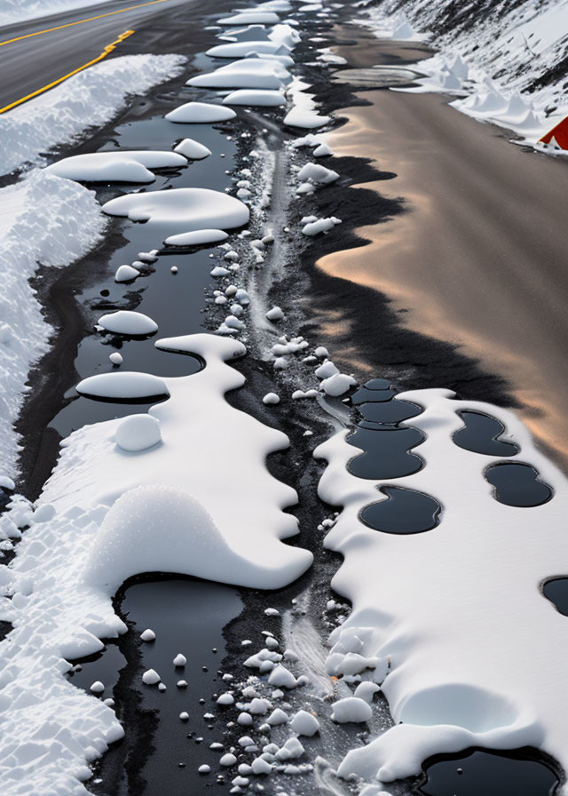 Snow-covered winding road with melting ice puddles and dark asphalt