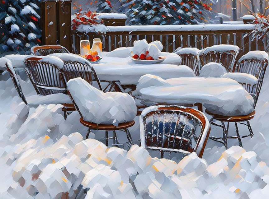 Snow-covered outdoor dining area with white tables and chairs near wooden fence and bushes in snowy ambiance