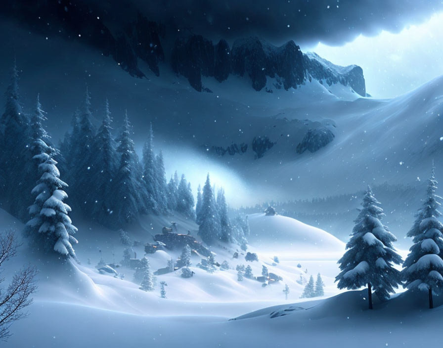 Snowy night scene: pine trees, village, starlit sky