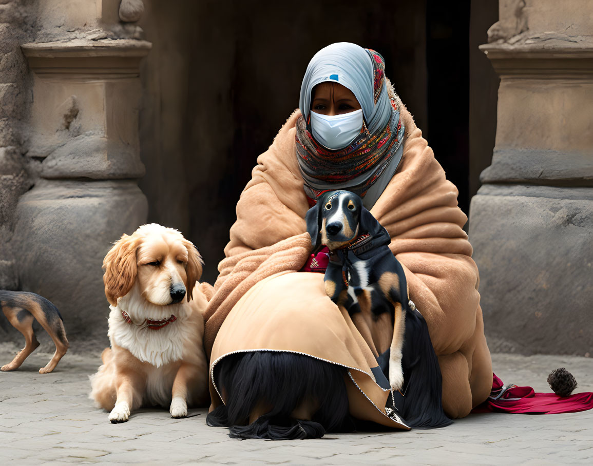 Person in Warm Clothing with Dogs Against Stone Building Background