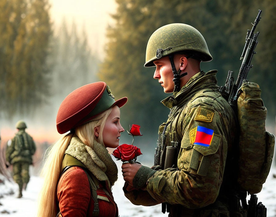 Military soldier with rifle faces woman with rose in beret amidst soldiers and trees.