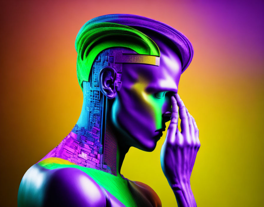 Colorful digital artwork: Humanoid figure with circuit board head on gradient background