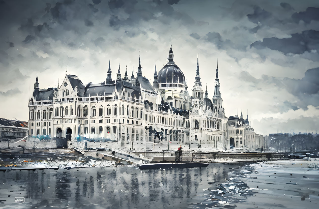 Hungarian Parliament Building in winter with overcast sky and icy Danube River.