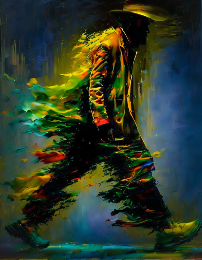 Vibrant abstract painting of person walking with colorful streaks, hat, and coat
