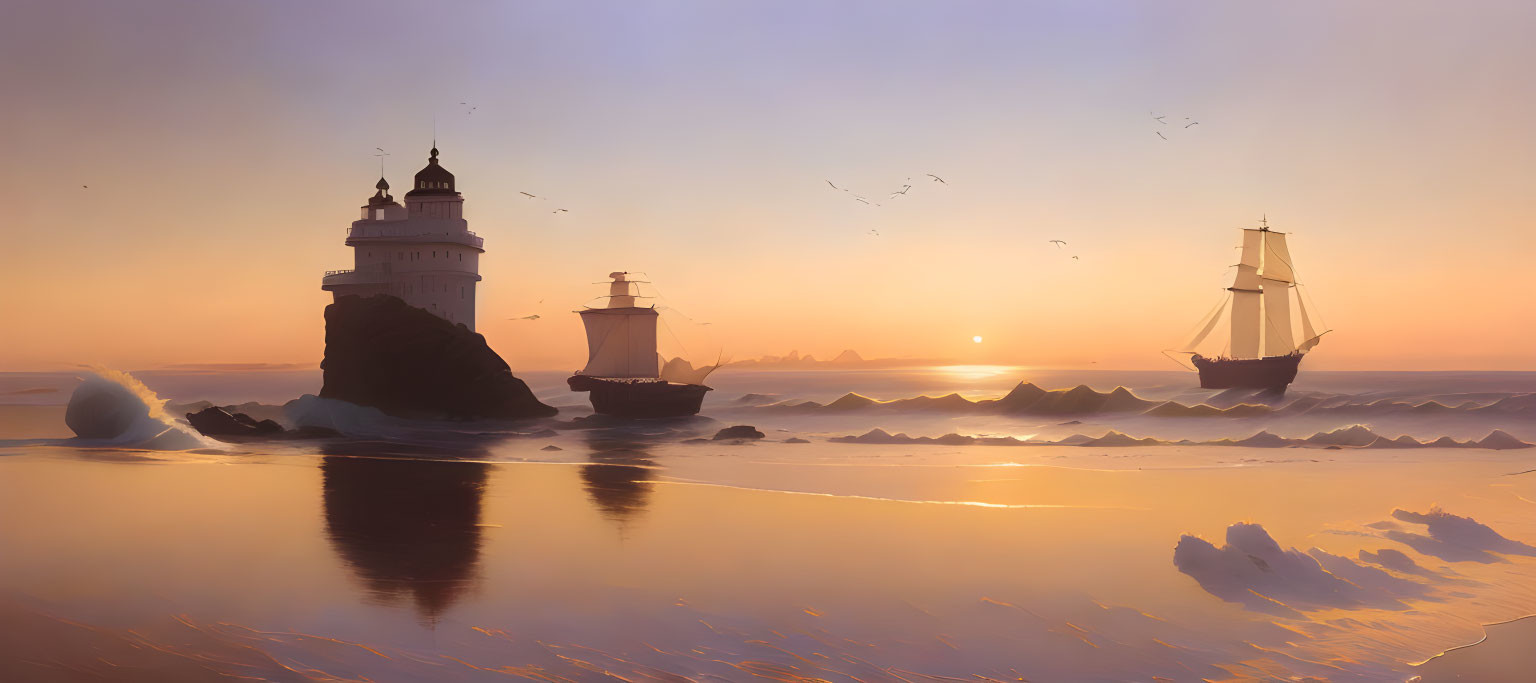 Tranquil beach sunset with lighthouse, birds, and ships in icy waters