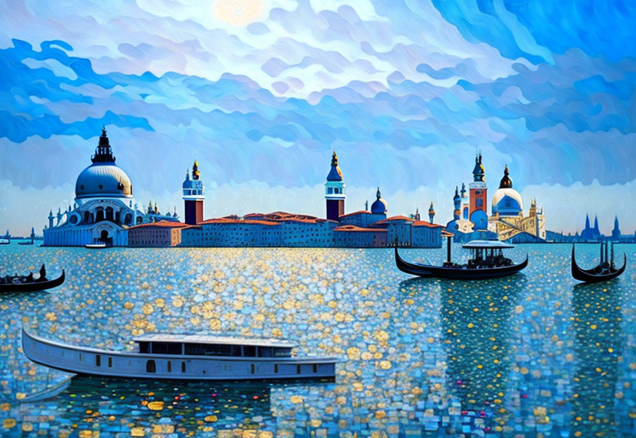 Stylized painting of Venice with gondolas and iconic architecture on sparkling waters