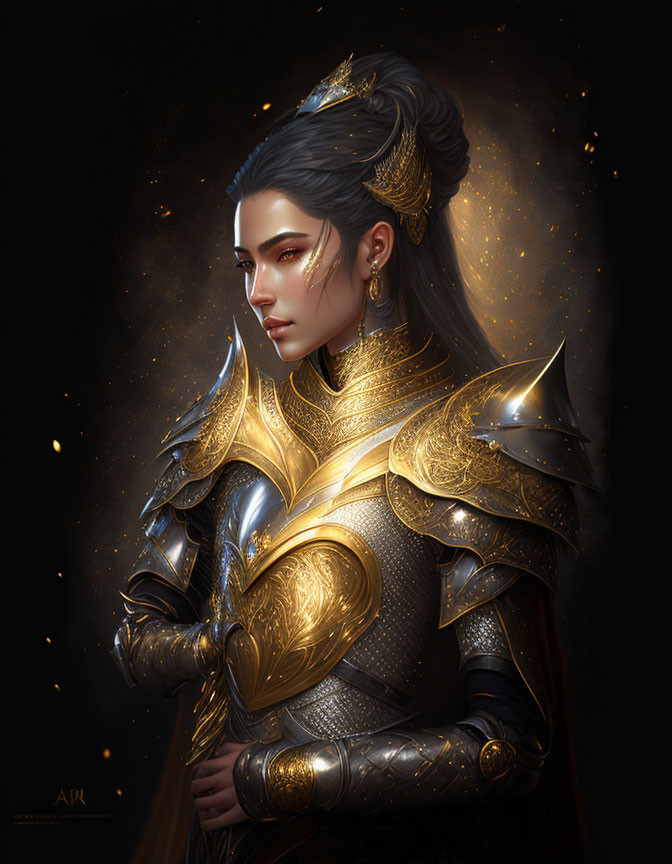 Female Warrior in Golden Armor on Dark Background