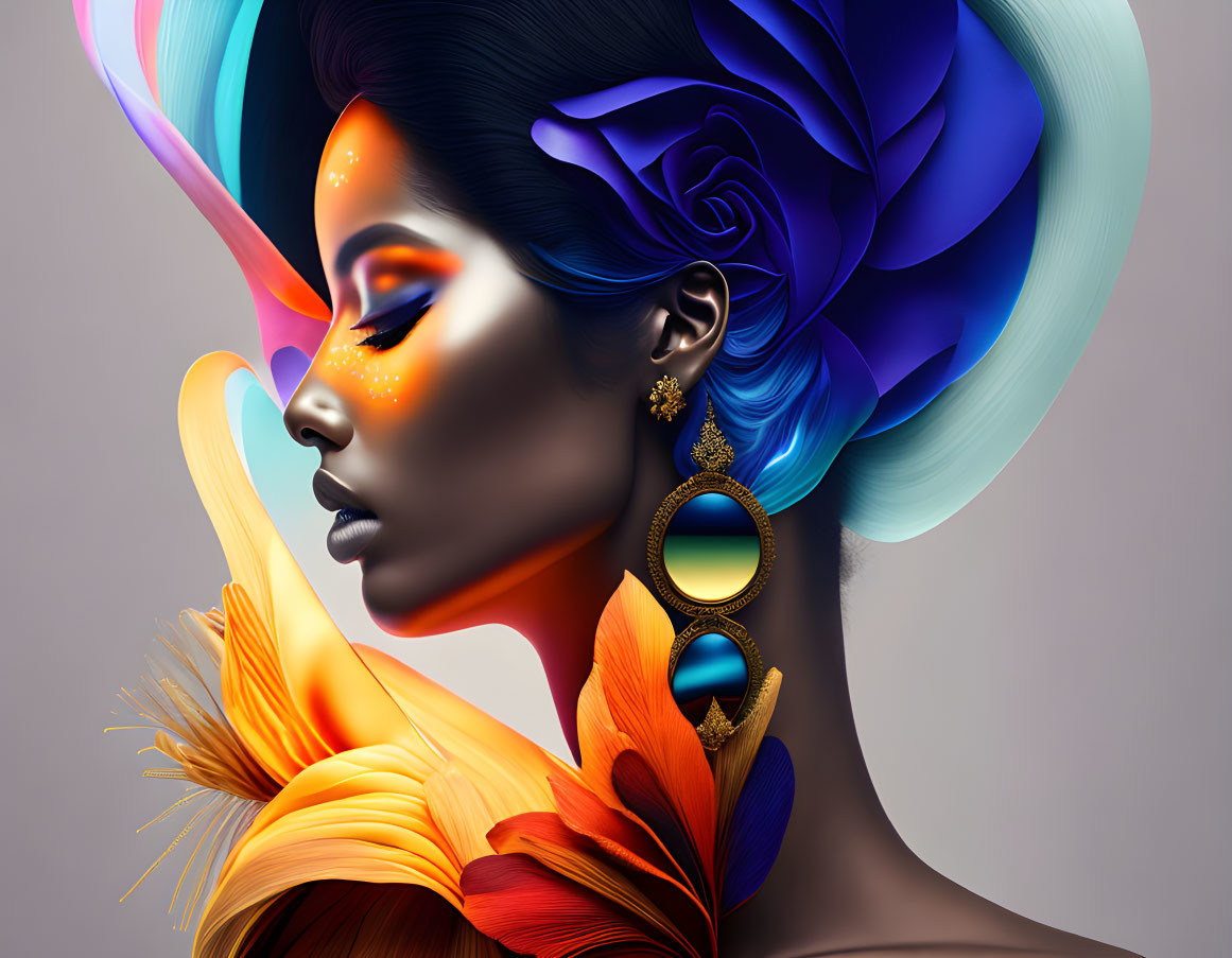 Colorful digital artwork of a woman with multicolored feathers and floral hair adornment.
