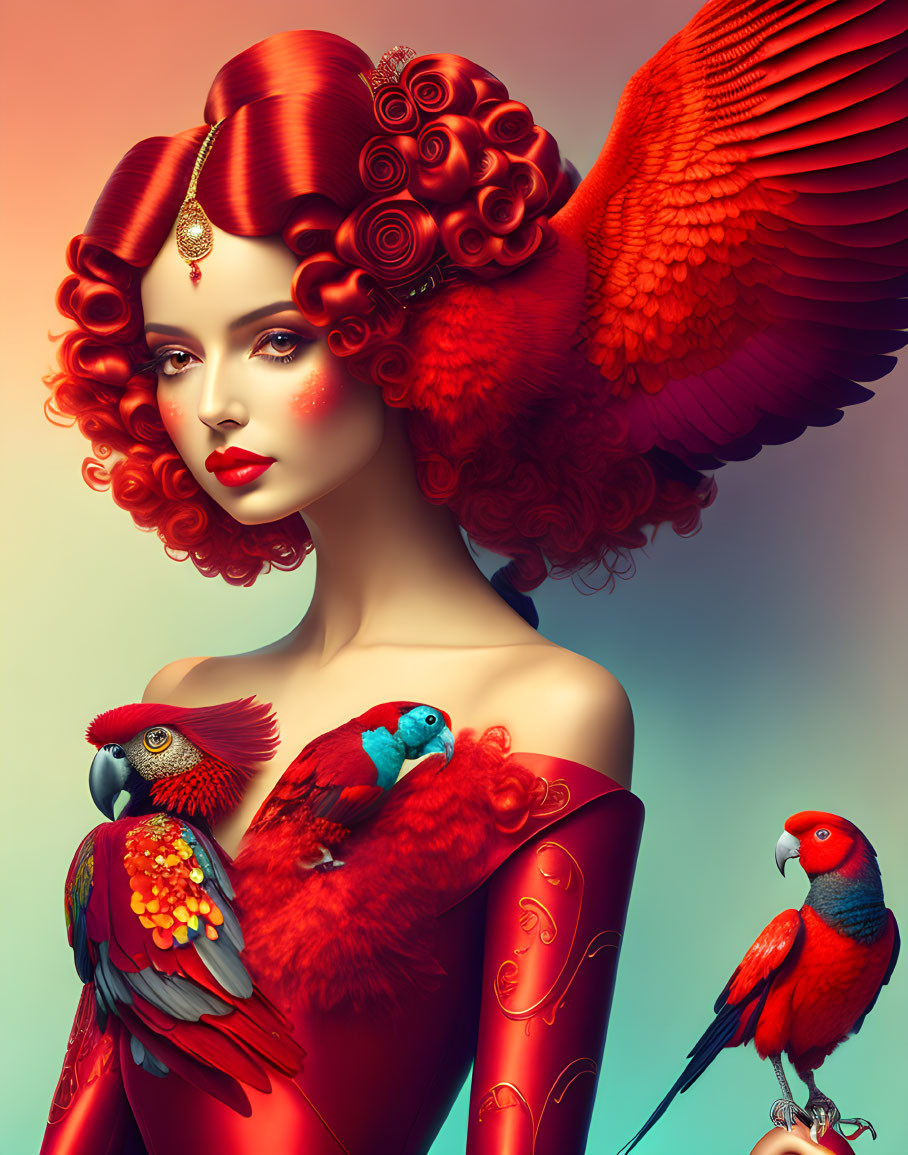 woman in red with parrots