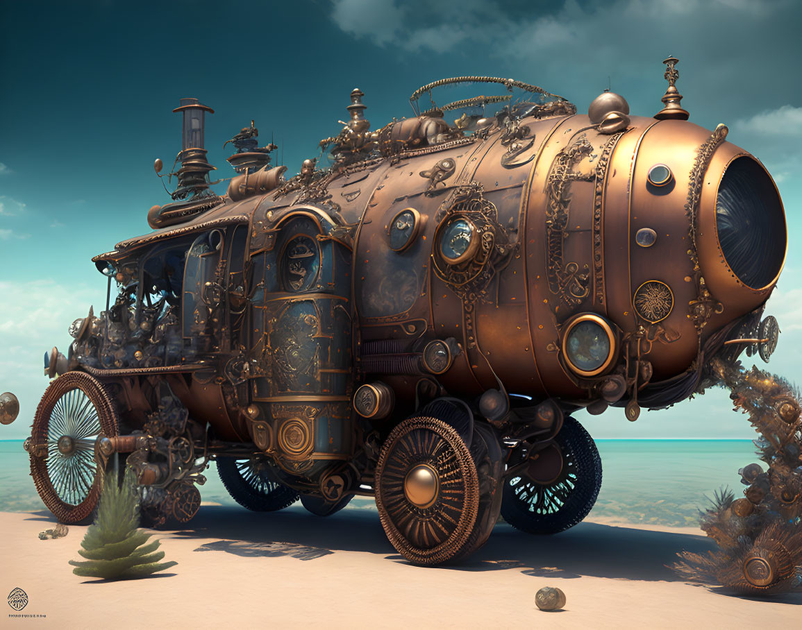 Steampunk-style submarine on wheels parked on sandy beach