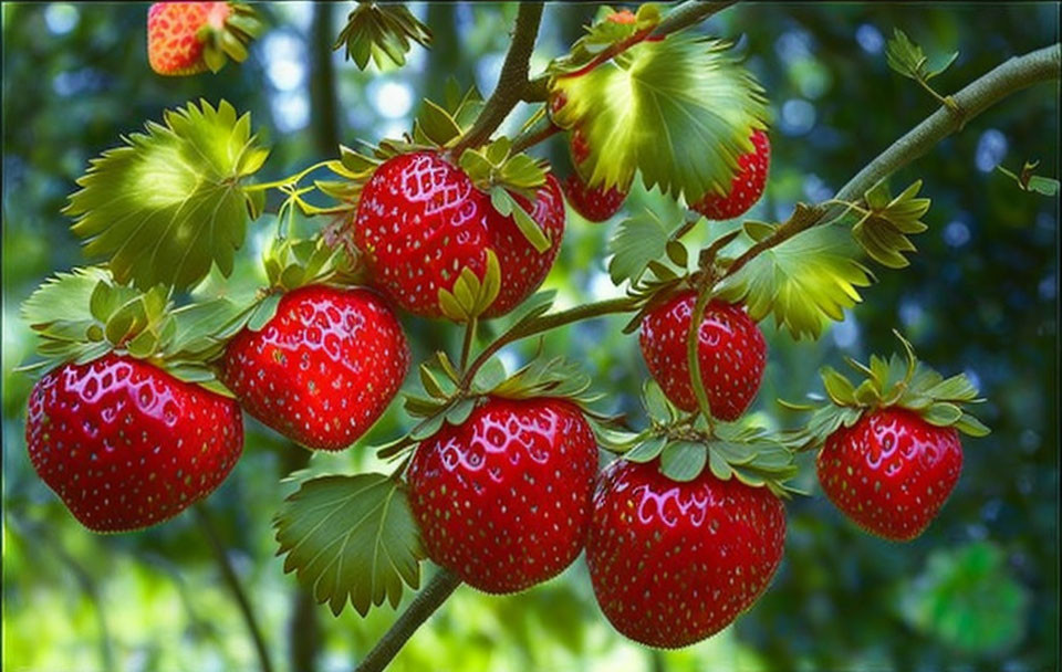 Fresh Red Strawberries with Green Leaves in Natural Sunlit Setting