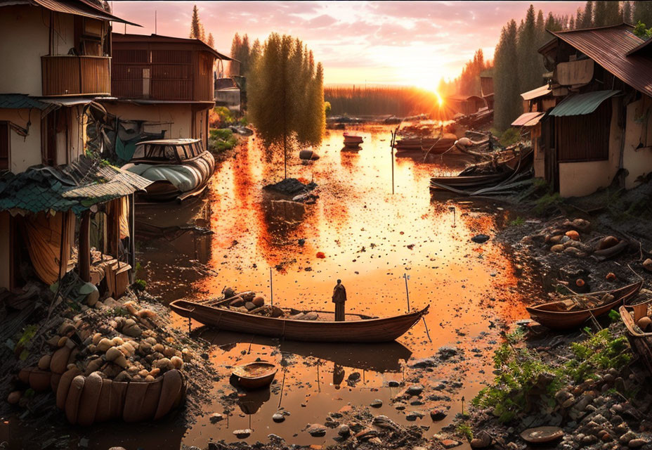 Tranquil river at sunset with traditional houses, boats, and a person standing.