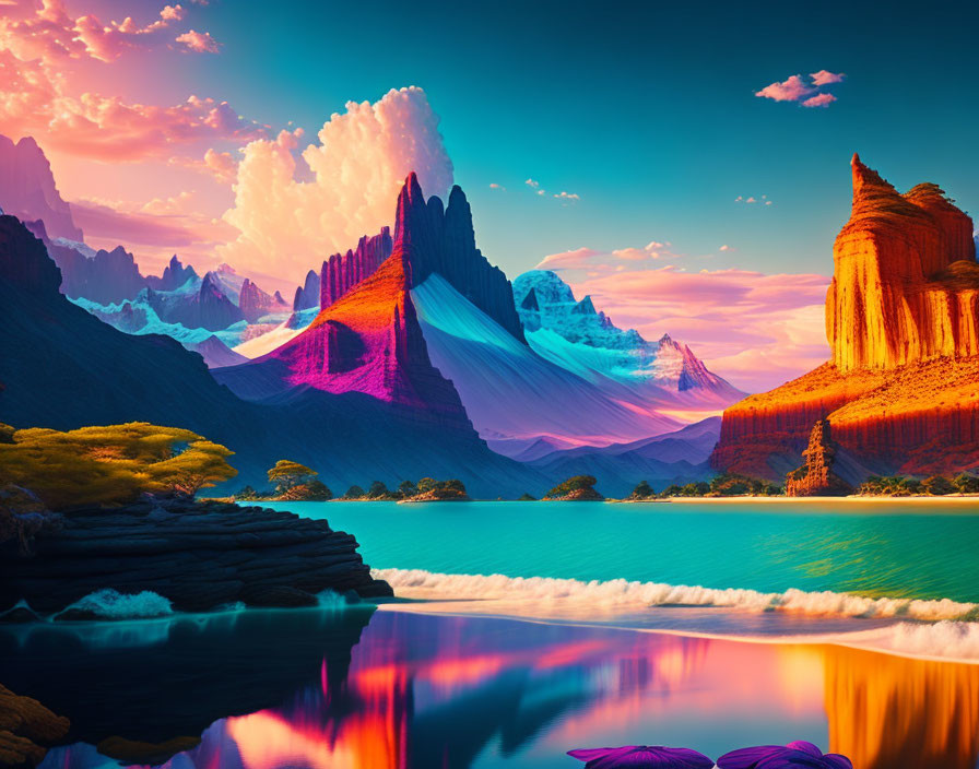 Colorful surreal landscape: Vibrant mountains, tranquil lake, pink and blue sky