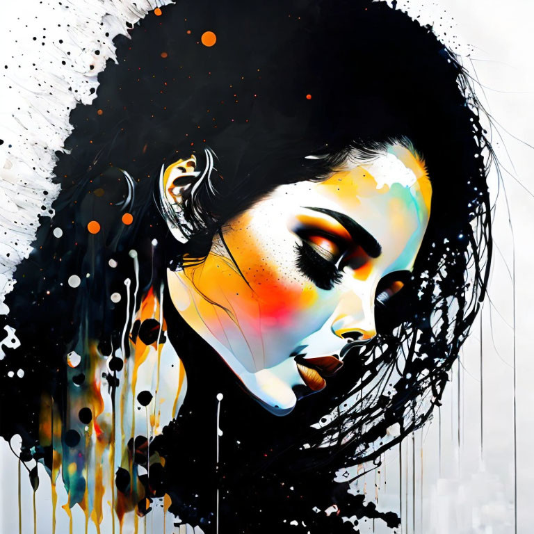 Vibrant woman with flowing hair in abstract paint splatter on white background