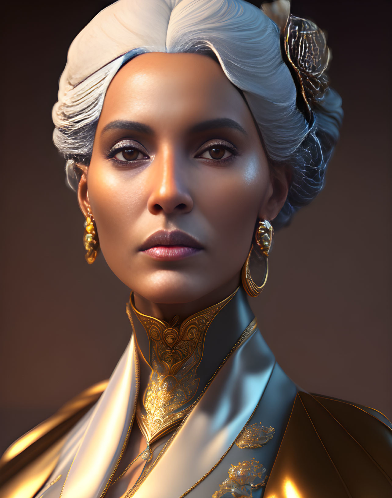 Digital portrait of woman with white hair, golden earrings, and ornate jacket