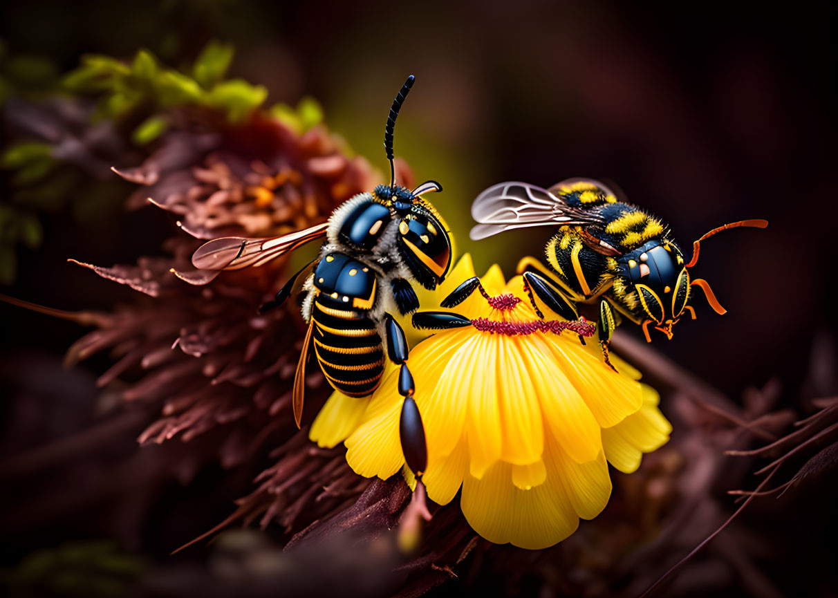 Two wasps on yellow flower with blurred red foliage background.