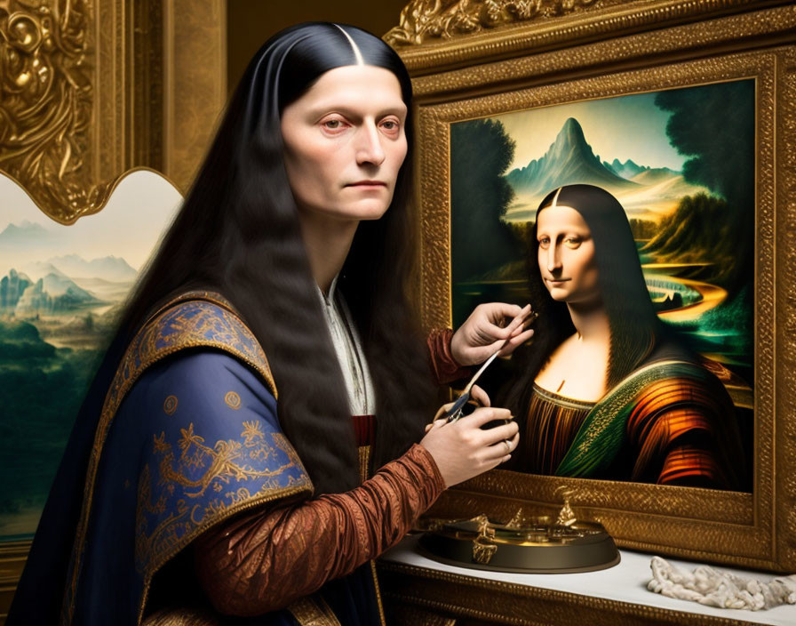 Surreal artwork: Mona Lisa painted by figure in ornate frame against mountainous backdrop