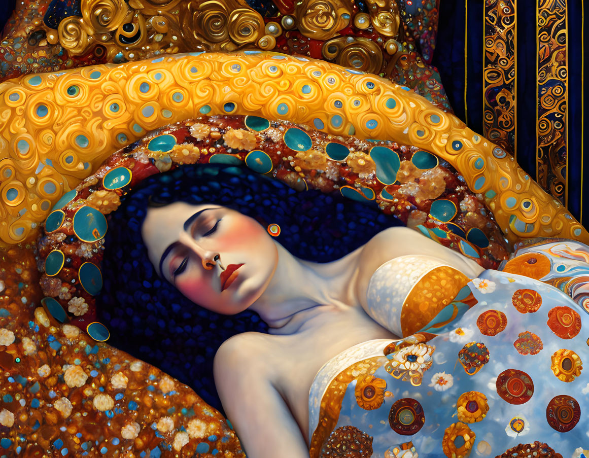 a woman in bed in the style of Gustav Klimt.